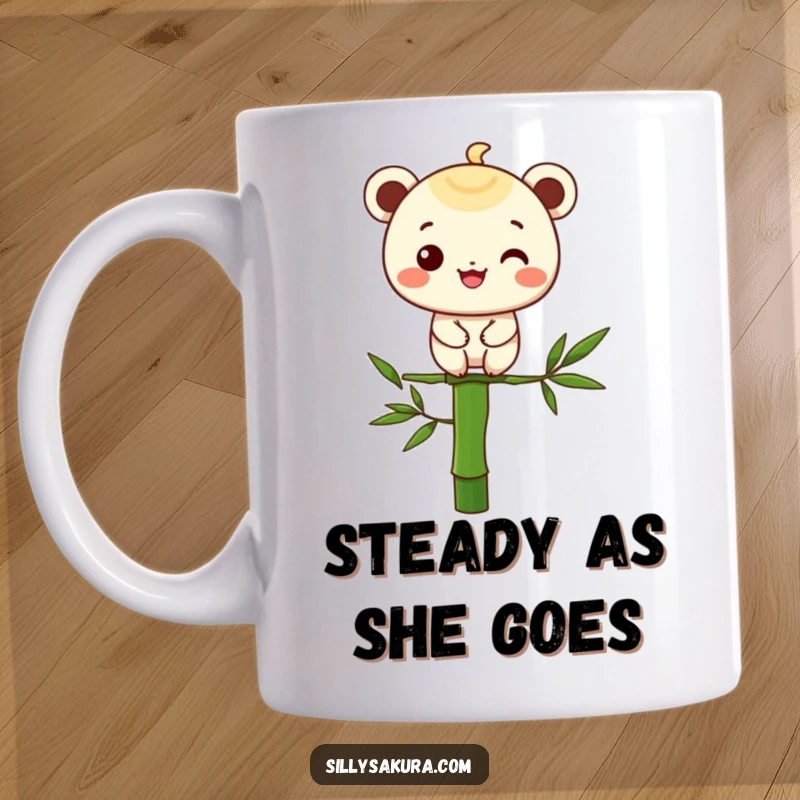 Funny mug showing a character with a big grin skillfully balancing on a single, slender bamboo stalk, embodying playful focus.
