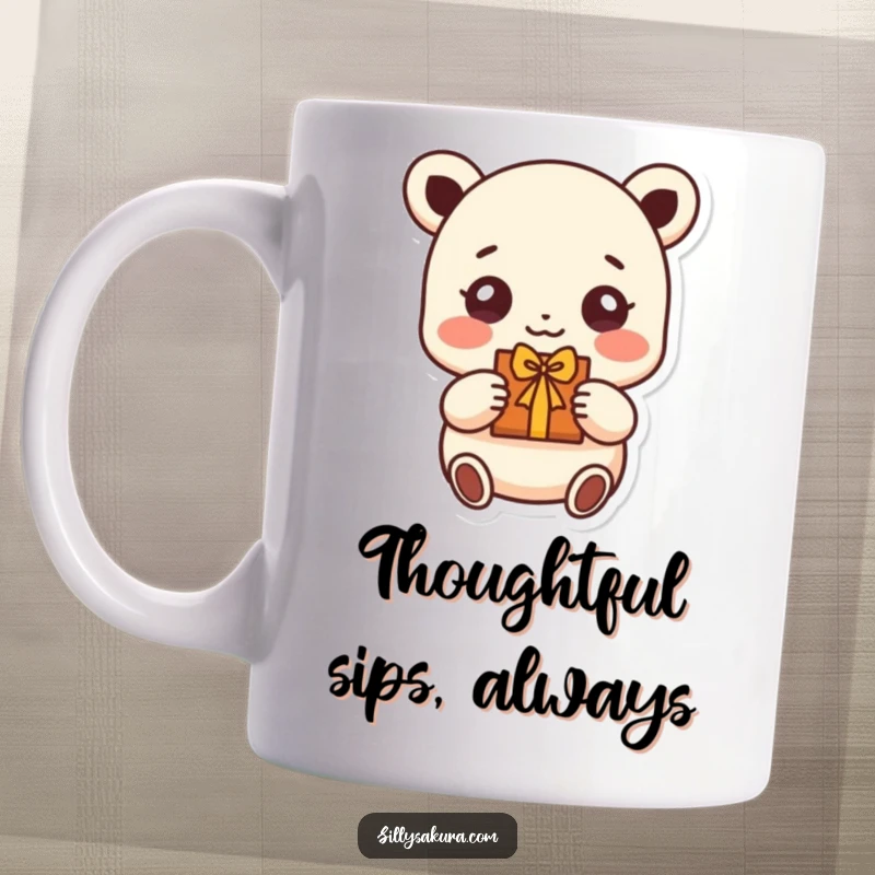 Funny mug featuring a small character with wide, beaming eyes, happily presenting a little handmade gift, symbolizing thoughtful giving.