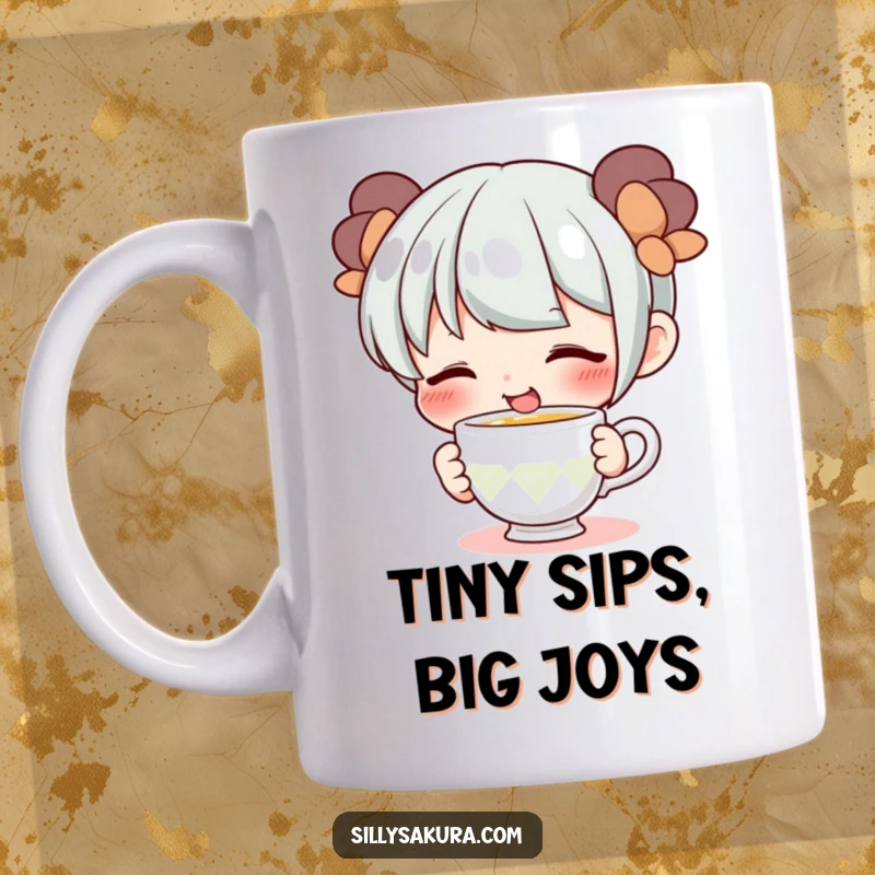 Funny mug with a cute character smiling widely while playfully sipping from a tiny teacup, bringing joy and charm.