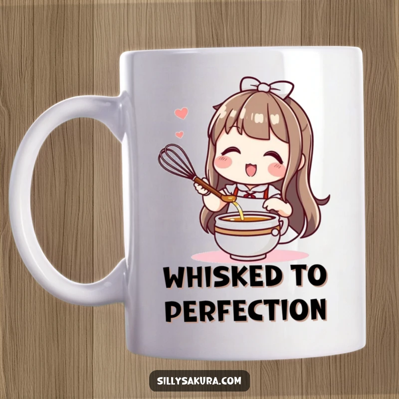 Funny Kawaii mug featuring a cute character enthusiastically preparing tea with a whisk, capturing a moment of cheerful dedication.