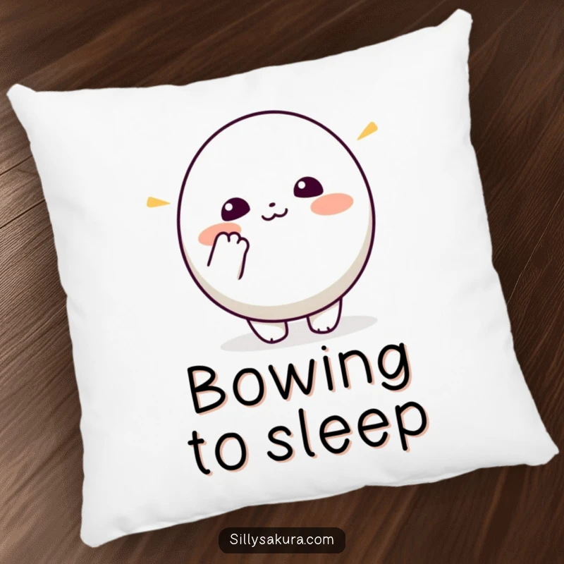 Funny Kawaii Pillow. A small, round cute character enthusiastically bows, perfect for adding comfort and a friendly touch.