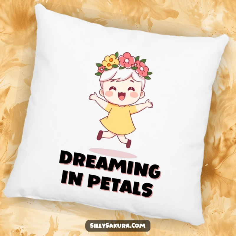 Funny pillow featuring a cute character with a flower crown, joyfully skipping with an infectious, happy demeanor.
