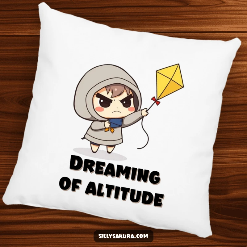 Funny pillow with a determined frowning character trying to fly a small kite, adding humor to any room.
