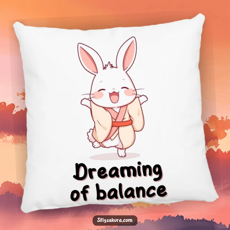Soft funny pillow depicting a giggling rabbit in a silk kimono, hilariously trying to balance in a handstand.