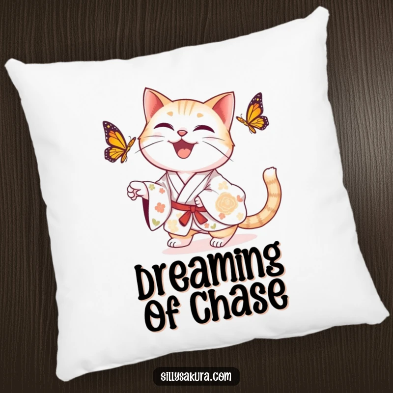 Soft funny pillow depicting a delighted cat in a floral kimono, playfully chasing a butterfly.