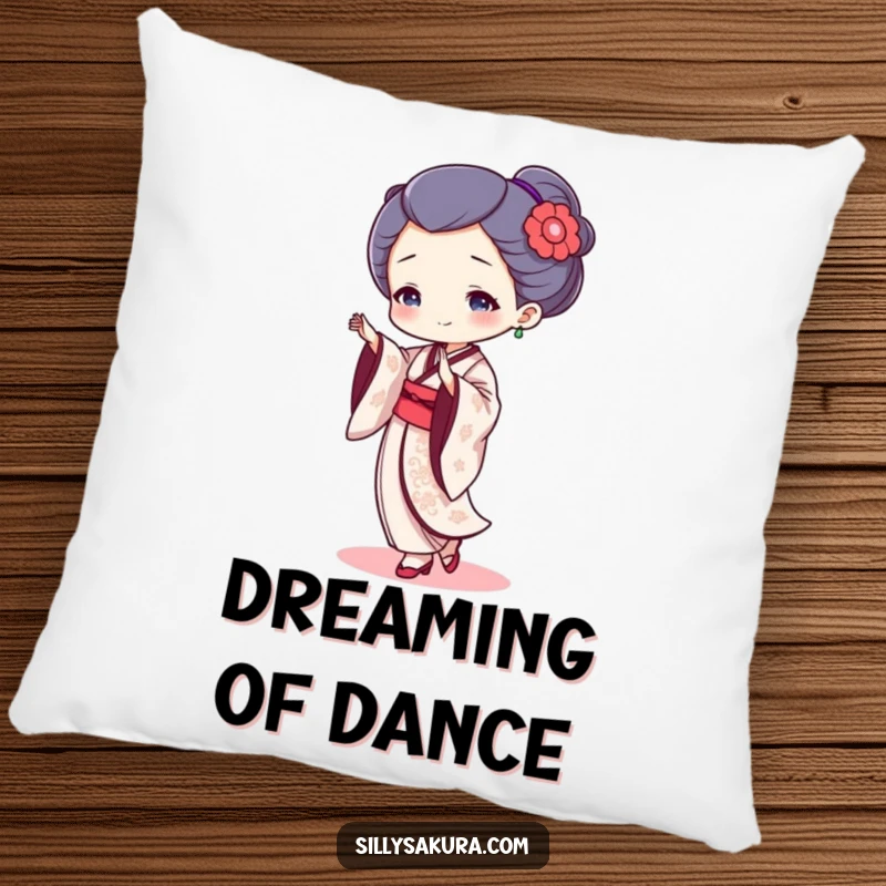 Funny geisha dancer pillow with a tiny character in elegant dance attire, providing soft comfort and amusing decor.