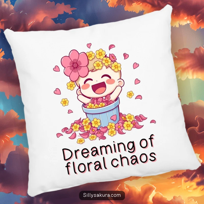 Funny pillow with a laughing character spilling a bucket of bright flower petals, offering cozy and vibrant decor.