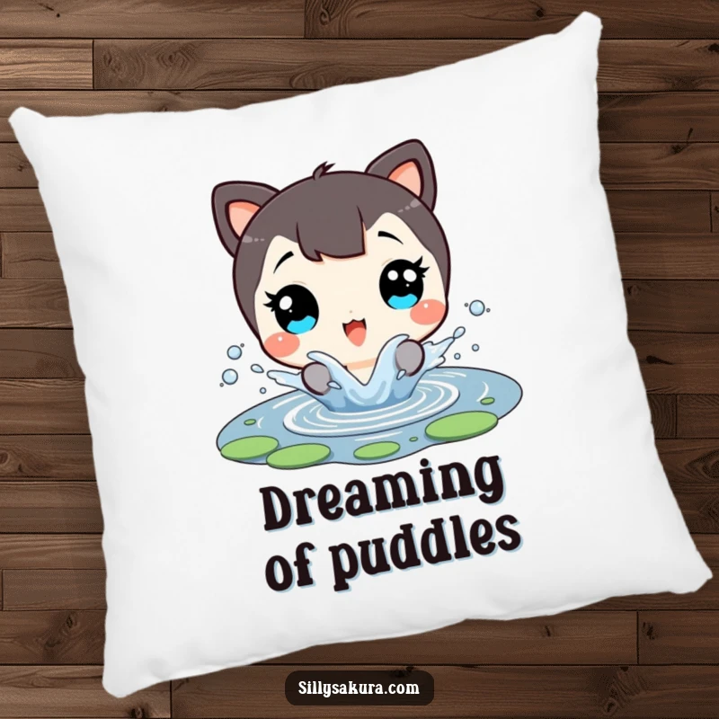 Funny Pillow: A character with eyes open wide in delight splashes in a small pond, a cozy accent piece.