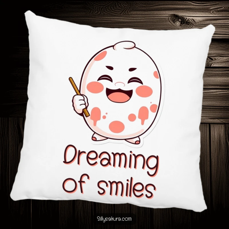 Funny Daruma Pillow with a character doll enthusiastically painting a smile, perfect for cozying up.