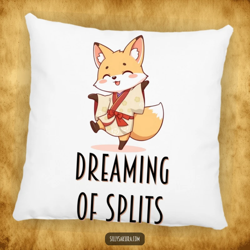 Funny pillow showcasing a cheerful fox in a traditional kimono attempting a cartwheel, bringing playful energy indoors.