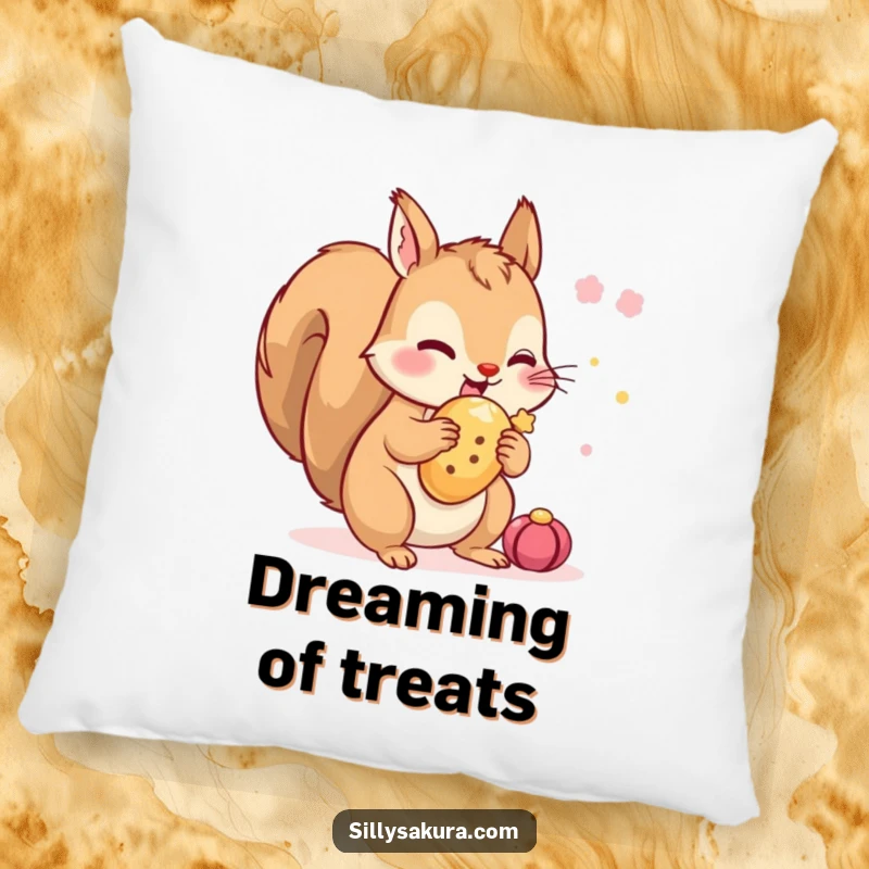 Funny Squirrel Pillow: A soft cushion featuring a tiny squirrel character excitedly hiding a festival treat, offering comfort and a dose of humor.