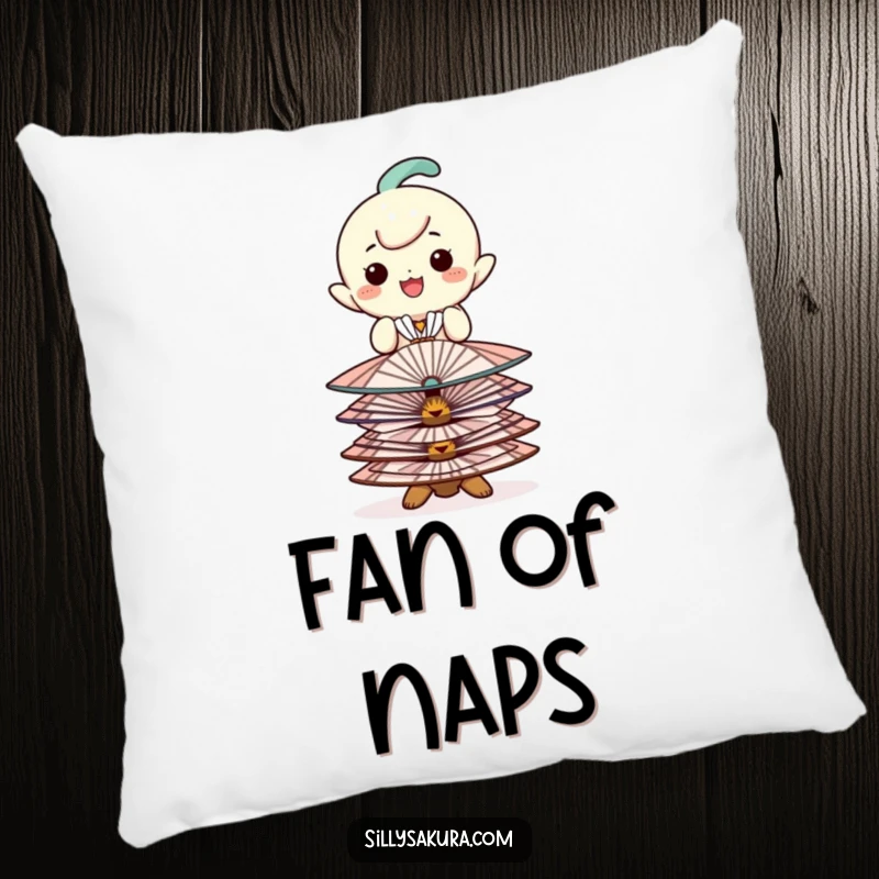 Funny pillow with a happy character balancing decorative fans, offering cozy and elegant decor.