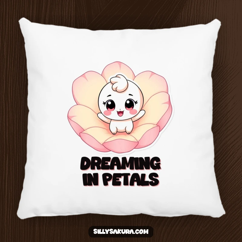 Funny pillow showcasing a cheerful character with big eyes bouncing on a giant pink petal, adding cozy and cheerful decor.