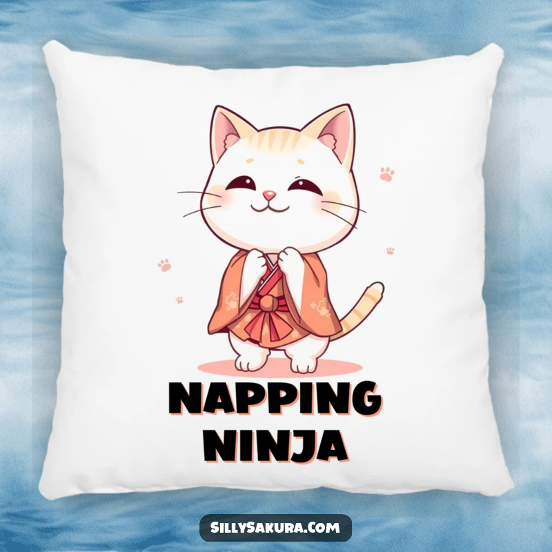 Funny cat pillow with a cute character in a tiny kimono bowing playfully, offering cozy comfort and a humorous accent for relaxation spaces.