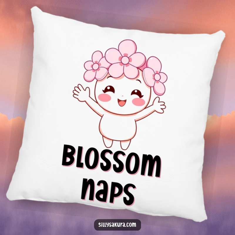 Funny cherry blossom pillow with a smiling character and tiny arms waving, offering cozy comfort and a humorous accent for relaxation spaces.