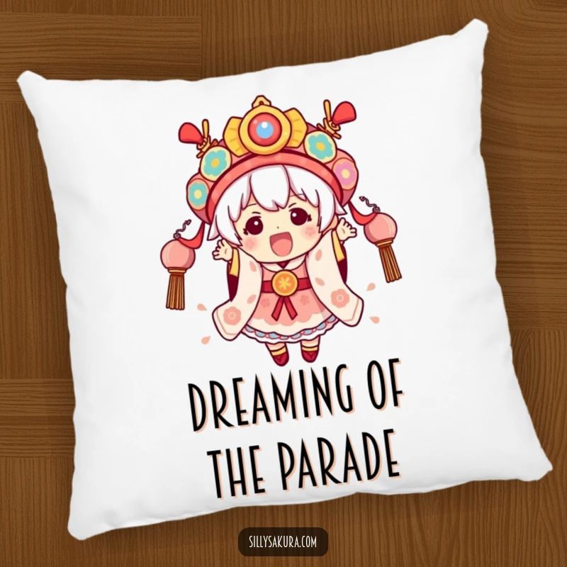 Funny Festival Kawaii Pillow showing a cute character excitedly wearing elaborate festival attire, adding festive comfort.