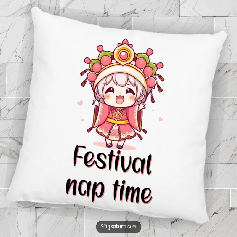 Funny Kawaii pillow featuring an excited character in elaborate festival attire, offering comfort and festive charm.