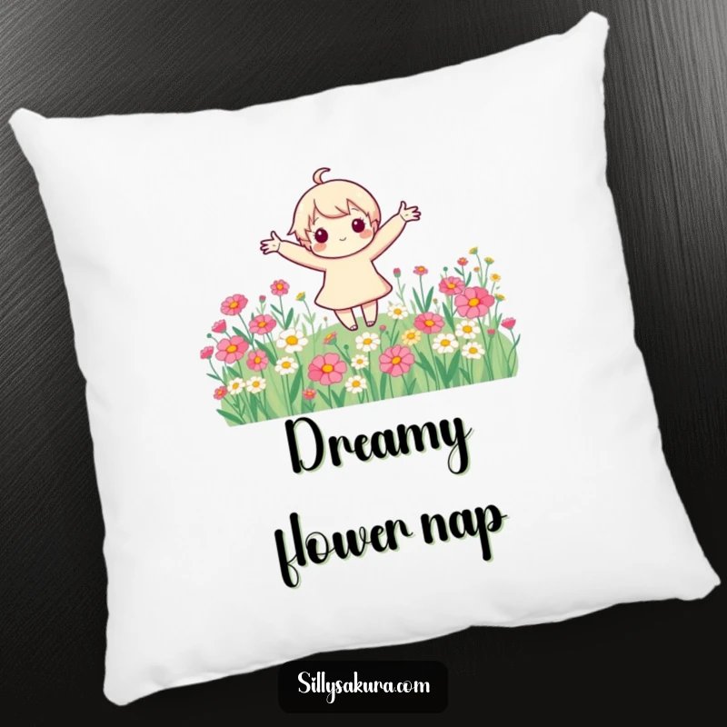Funny cute character with arms spread wide, spinning happily in a field of colorful flowers, depicted on a plush and comfortable pillow.