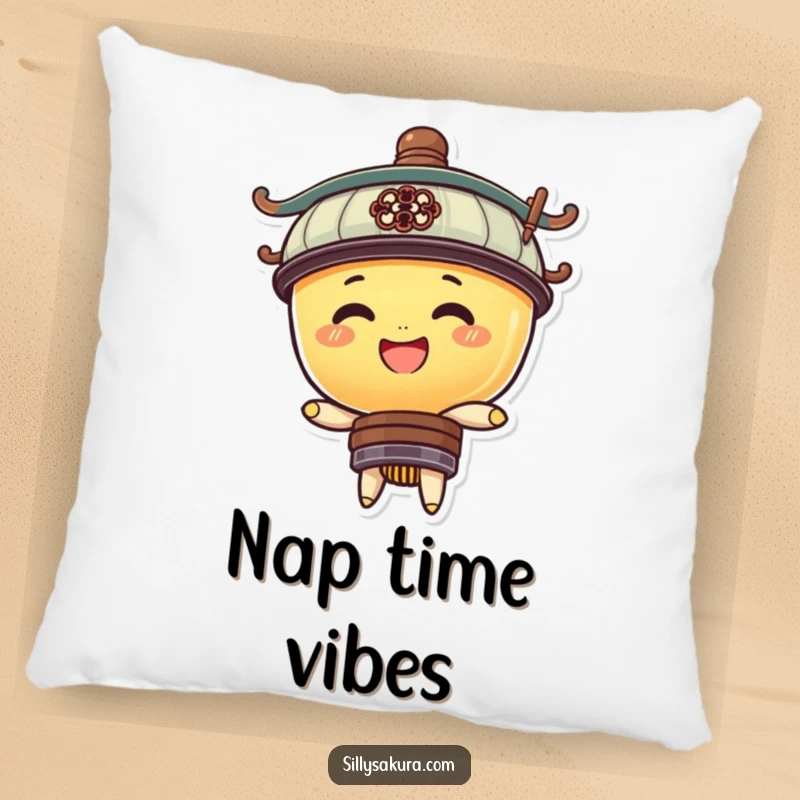 Funny pillow featuring a round, beaming lantern character bobbing happily, adding comfort and a touch of humor to any couch.
