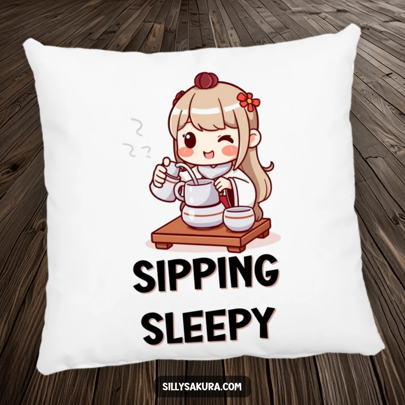 Funny pillow with a cheerful character performing a tea ceremony, pouring tea with a contented and gentle smile.