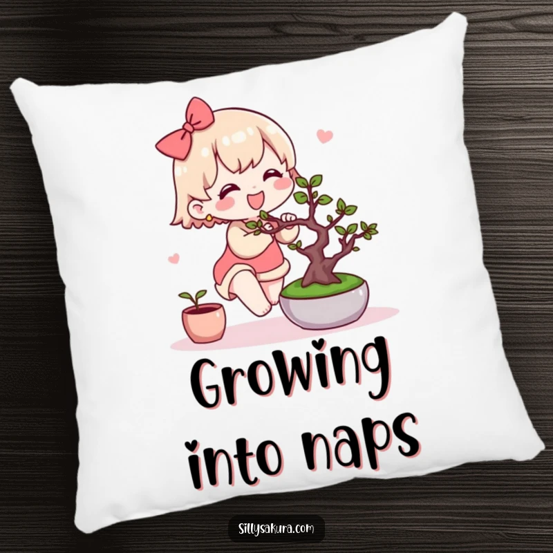 Funny Kawaii Pillow. A cute character joyfully tends to a miniature bonsai tree, perfect for adding comfort and natural charm.