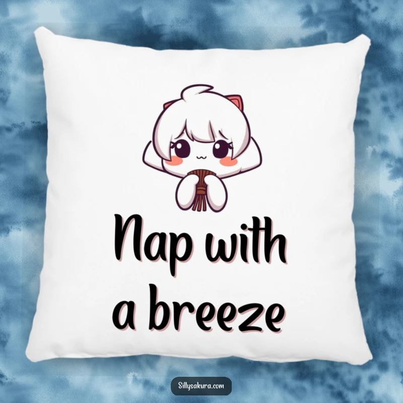 Funny pillow featuring a stylized Japanese fan character with a flourish, offering comfort with elegant humor and charm.