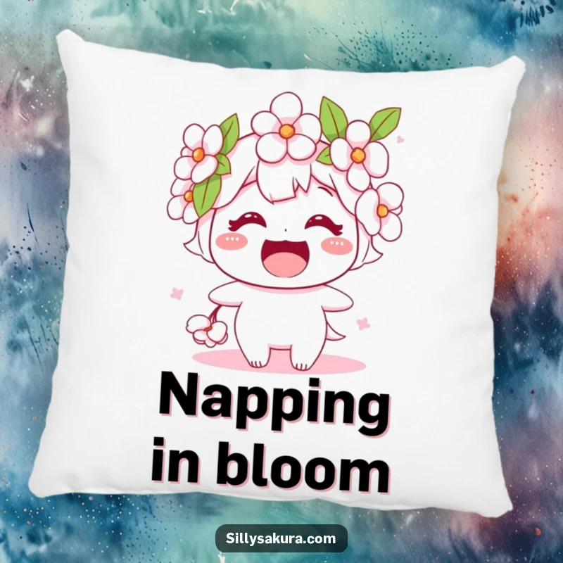 Funny pillow with a plush cherry blossom character sporting a wide, happy smile, offering comfort and botanical cheer.