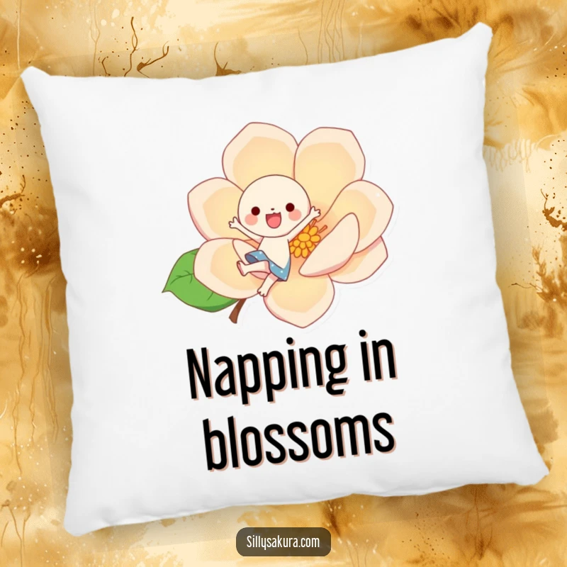 Funny cute kawaii character joyfully kicking a large, stylized blossom, depicted on a plush and comfortable pillow.
