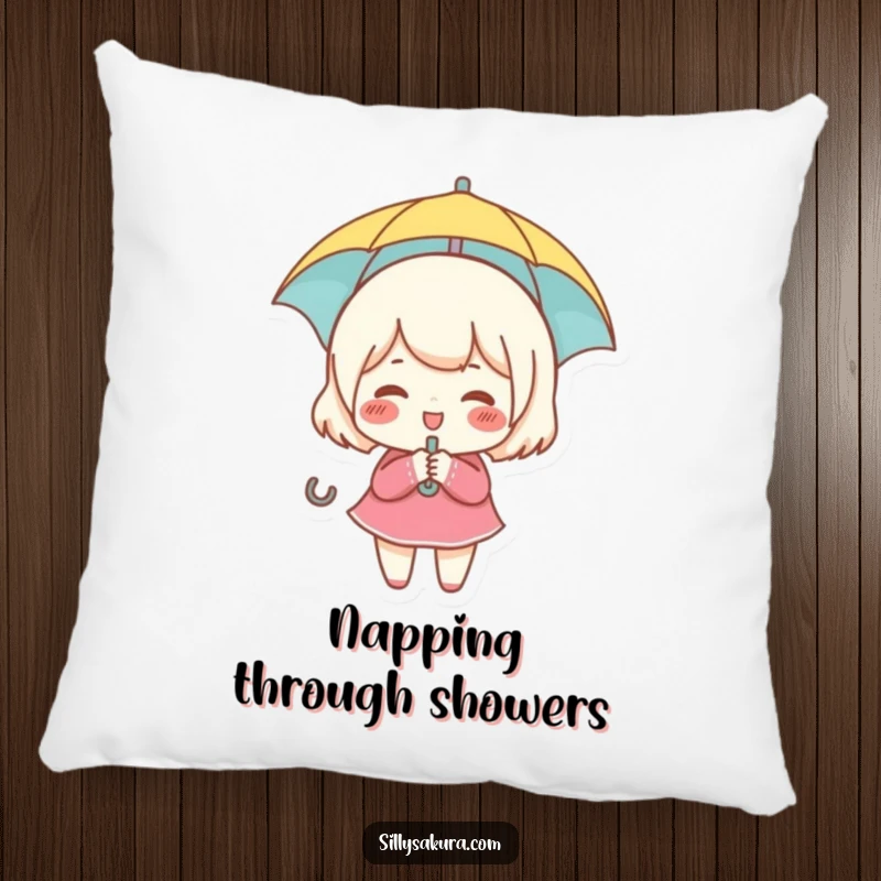 Funny pillow with a small, rosy-cheeked character giggling while holding a tiny umbrella, perfect for comfort.