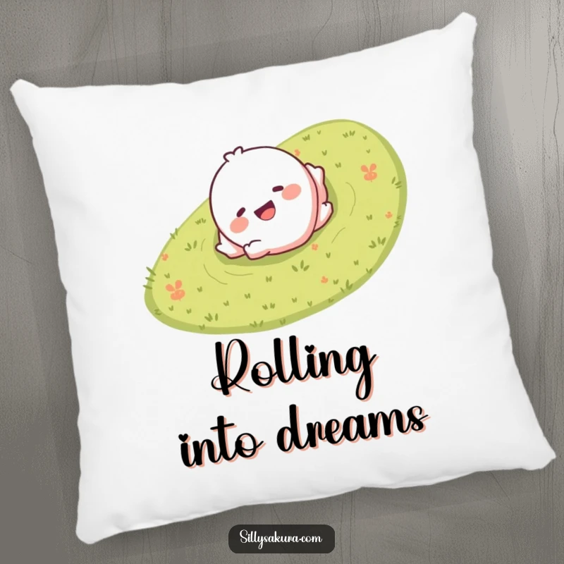 Funny pillow with a giggling character smiling and rolling down a grassy hill, offering cozy and joyful decor.