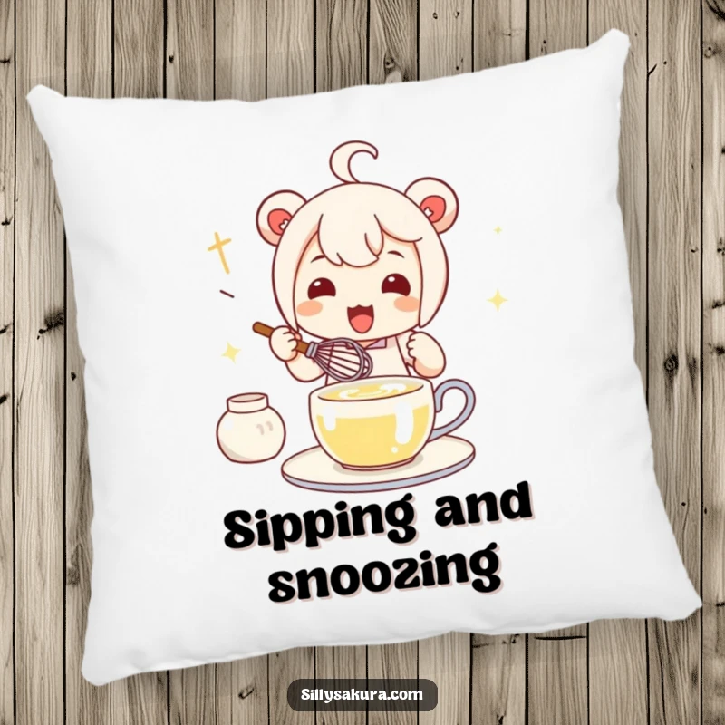 Funny Kawaii Tea Whisk Pillow showing a cute character enthusiastically preparing tea with a whisk, a cozy addition.