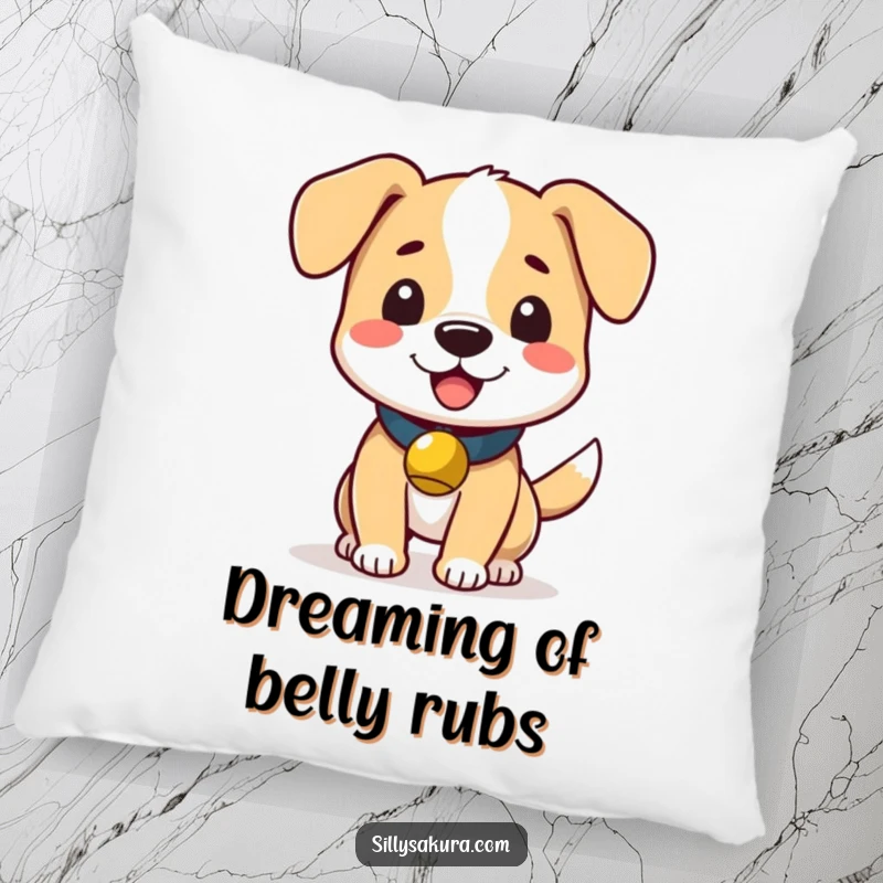 Funny pillow featuring a cute dog with a small bell, energetically wagging its tail with pure, unadulterated joy.