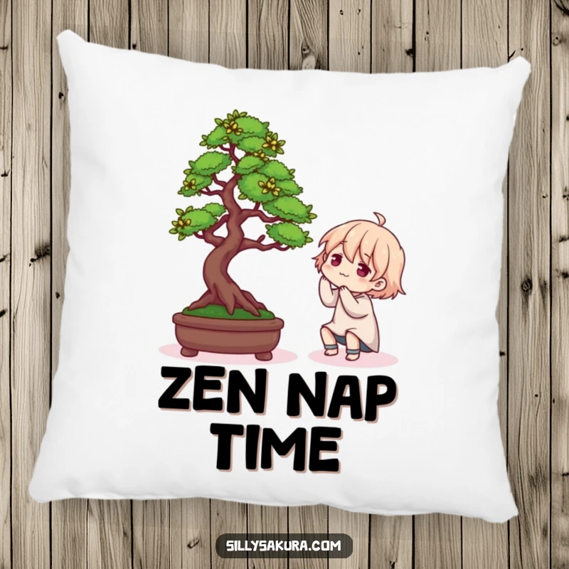 Funny pillow featuring a character comically tending to a Bonsai tree, adding a humorous touch to any room.
