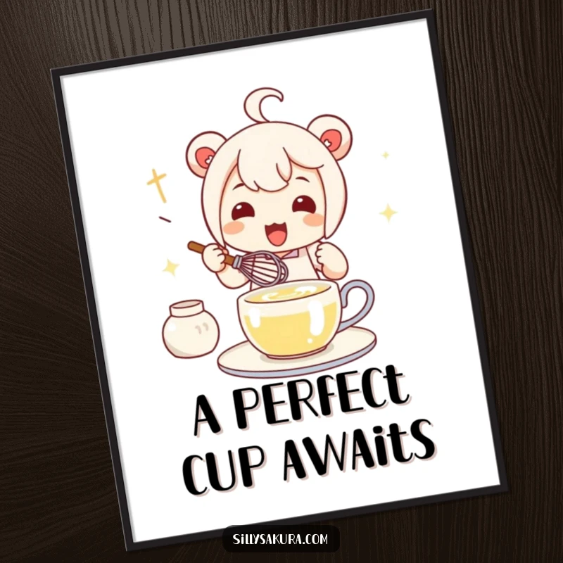Funny Kawaii Tea Whisk Digital Art Print of a cute character enthusiastically whisking tea, ready to be framed.