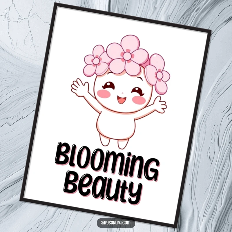 Funny cherry blossom digital art print of a smiling flower character waving tiny arms, ideal for instant download and adding humorous spring wall decor.