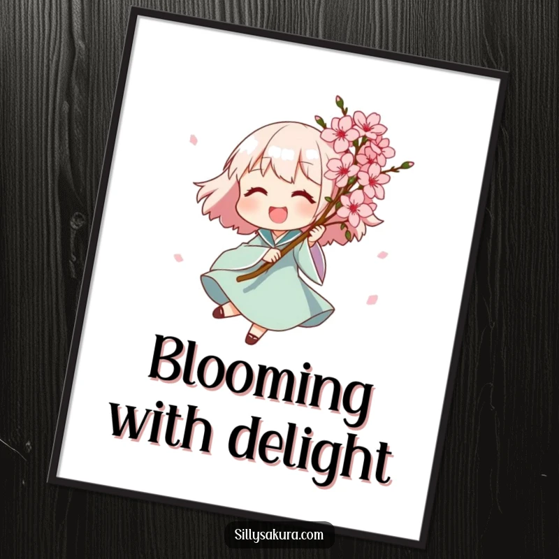 Funny digital art print of a joyful character spinning with a bouquet of exquisite pink blossoms, perfect for instant floral-themed decor and a humorous touch.