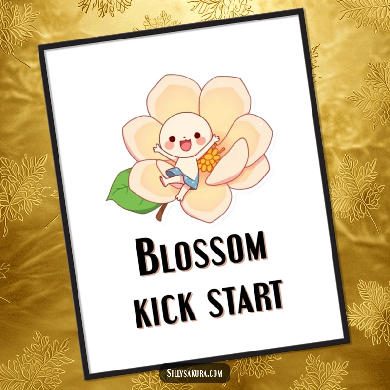 Funny kawaii character joyfully kicking a giant, stylized blossom, available as a high-resolution digital art print for instant cheer.