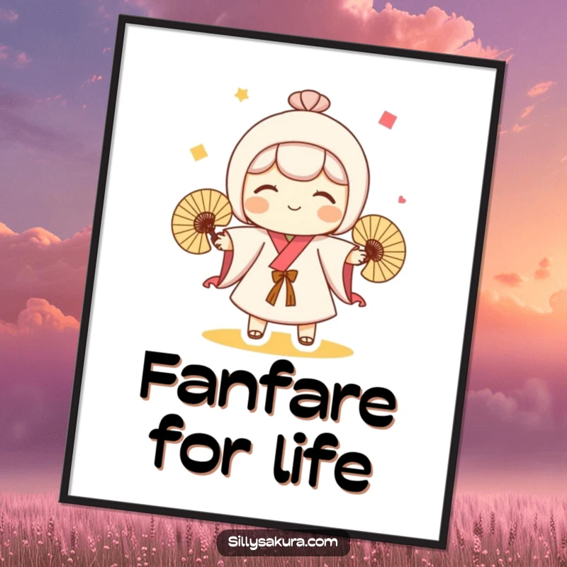 Funny digital art of a cute Kokeshi doll character playfully juggling three fans, adding whimsical cheer to digital displays.