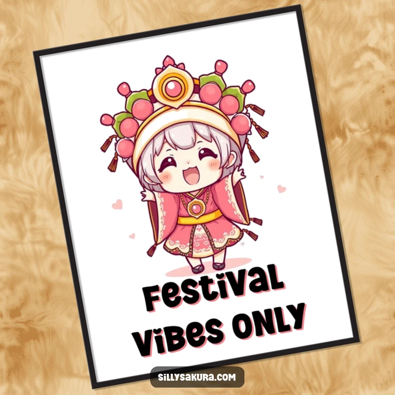 Funny Kawaii digital art print showing an excited character wearing elaborate festival attire, ideal for vibrant digital displays.