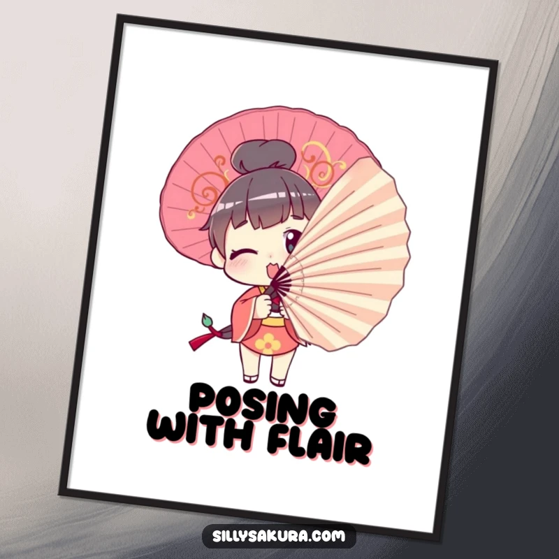 Funny Digital Art Print: A character comically tries to pose with a large decorative fan, embodying humorous drama and flair.