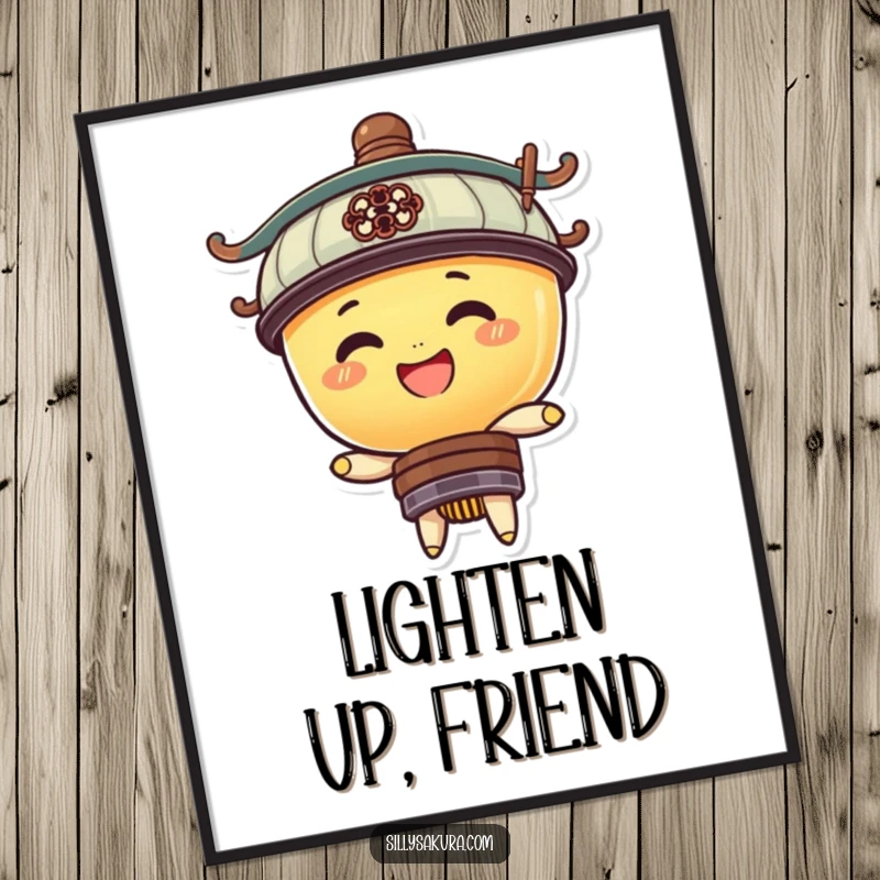 Funny digital art print of a smiling lantern character joyfully bobbing up and down, ready to bring cheer to any screen.