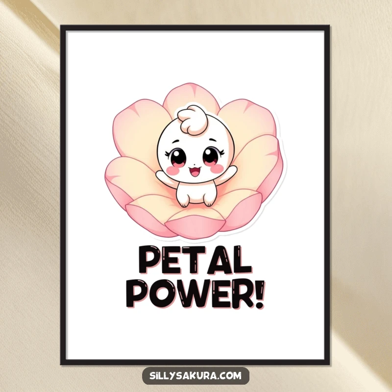 Funny digital art print featuring a cheerful character with big eyes bouncing on a pink petal, bringing vibrant joy.