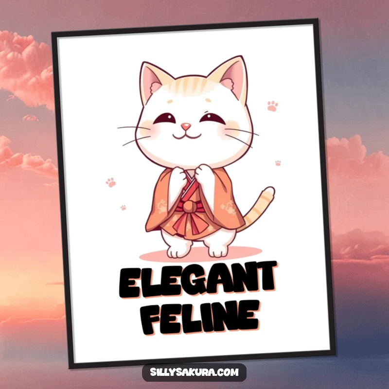 Funny cat digital art print of a cute character in a tiny kimono bowing playfully, ideal for instant download and adding humorous, elegant wall decor.