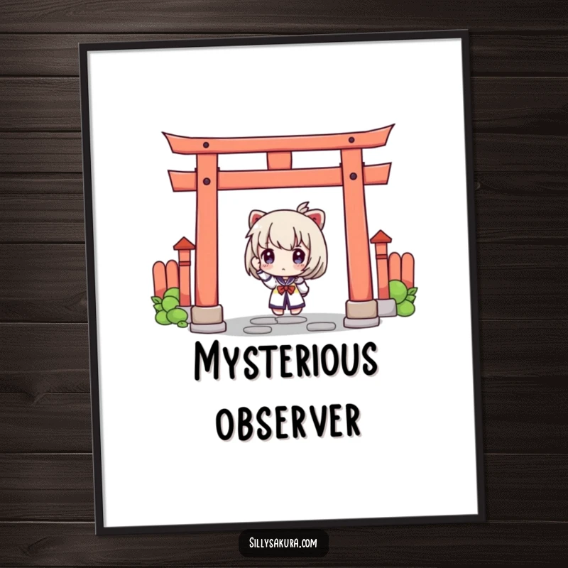 Funny digital art of a character with a curious expression peeking from behind a Japanese torii gate, inspiring wonder.