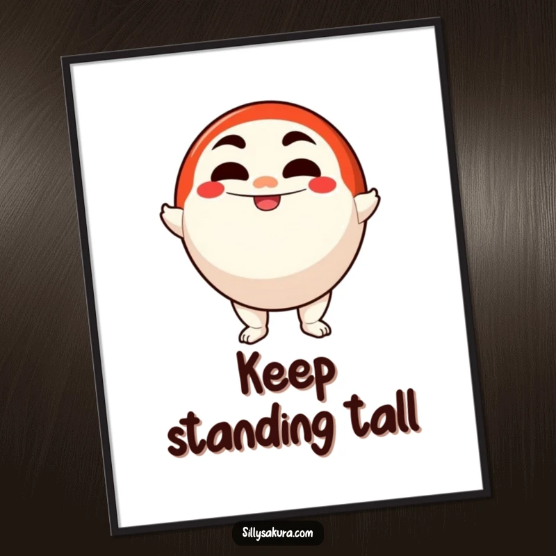 Funny digital art of a determined Daruma doll character smiling confidently, symbolizing perseverance and courage.