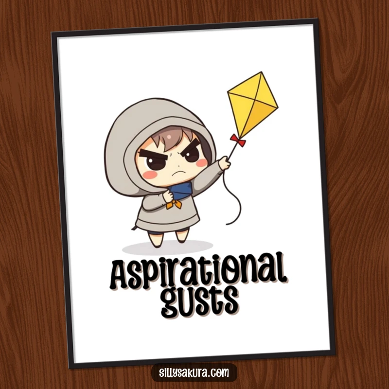 Funny digital art print of a determined character frowning while attempting to fly a small kite, perfect decor.