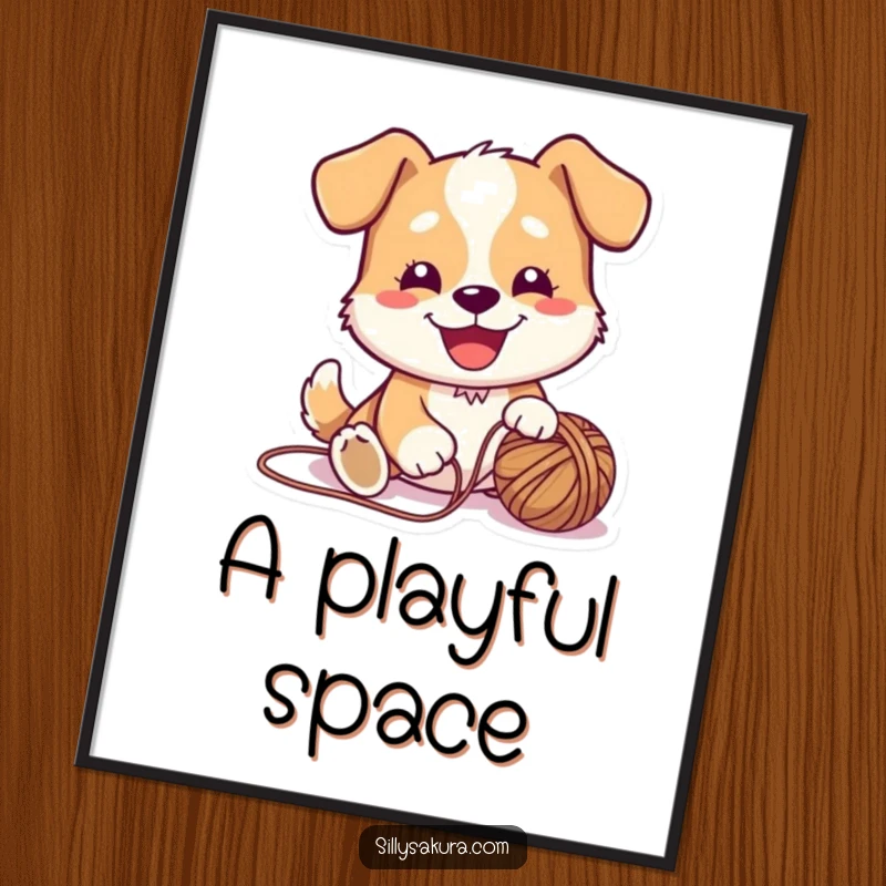 Funny Digital Art Print of a cute dog character with a joyful expression, playing with a yarn ball, perfect for a playful home.