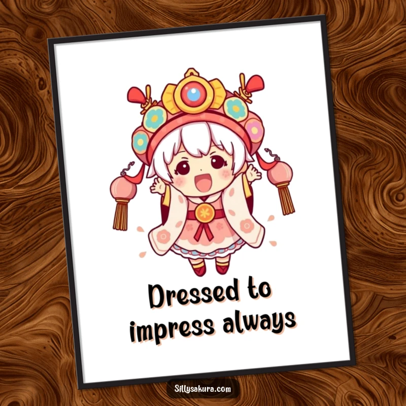 Funny Festival Kawaii Digital Art Print of a cute character excitedly wearing elaborate festival attire, ready to frame.