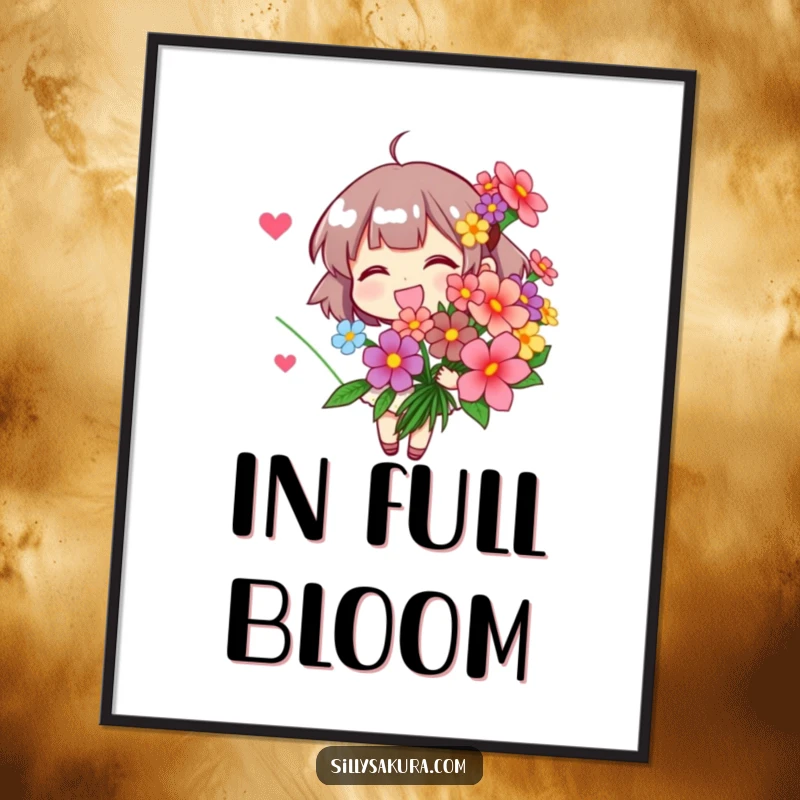 Funny Digital Art: A cheerful character presenting a bountiful bouquet of bright, stylized flowers.