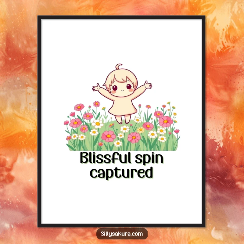 Funny cute character with arms spread wide, joyfully spinning in a vibrant field of colorful flowers, available as a digital art print.